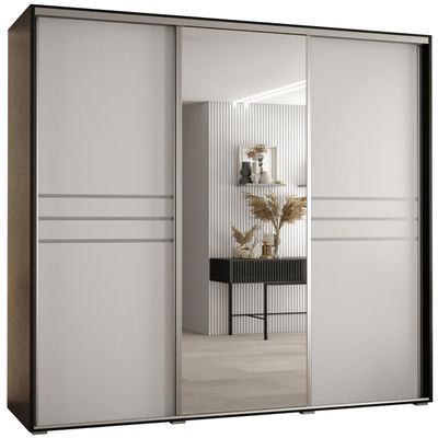 MEBLE KRYSPOL Cannes 11 Modern Wardrobe with 3 Sliding Doors, Clothing Rods, Shelves and Mirror, 205.2 x 190 x 45 cm, Black/White/Silver