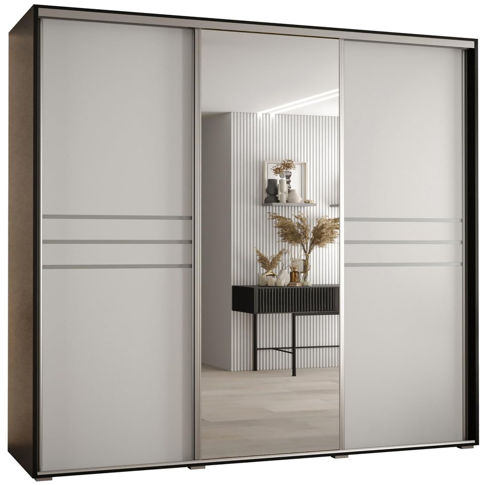 MEBLE KRYSPOL Cannes 11 Modern Wardrobe with 3 Sliding Doors, Clothing Rods, Shelves and Mirror, 205.2 x 190 x 45 cm, Black/White/Silver