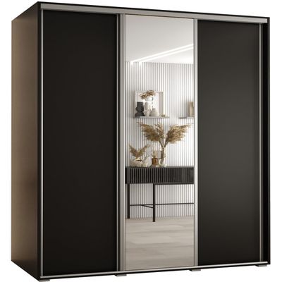 MEBLE KRYSPOL Cannes 3 Modern Wardrobe with 3 Sliding Doors, Rod, Shelves and Mirror, 205.2 x 160 x 60 cm, Black/Black/Silver