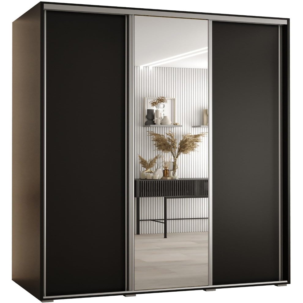MEBLE KRYSPOL Cannes 3 Modern Wardrobe with 3 Sliding Doors, Rod, Shelves and Mirror, 205.2 x 160 x 60 cm, Black/Black/Silver