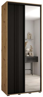 MEBLE KRYSPOL Cannes 7 Modern Wardrobe with 2 Sliding Doors, Clothes Rail, Shelves and Mirror - 205.2 x 110 x 45 cm - Artisan Black/Black