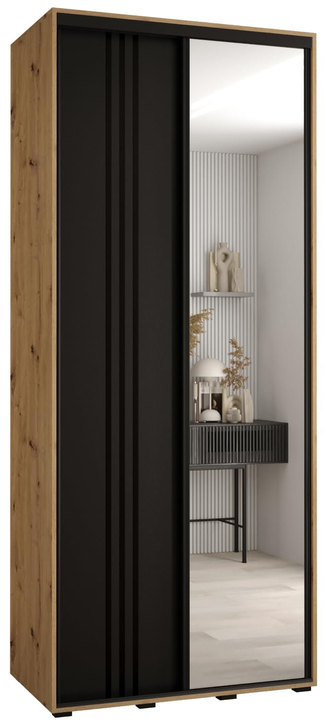 MEBLE KRYSPOL Cannes 7 Modern Wardrobe with 2 Sliding Doors, Clothes Rail, Shelves and Mirror - 205.2 x 110 x 45 cm - Artisan Black/Black