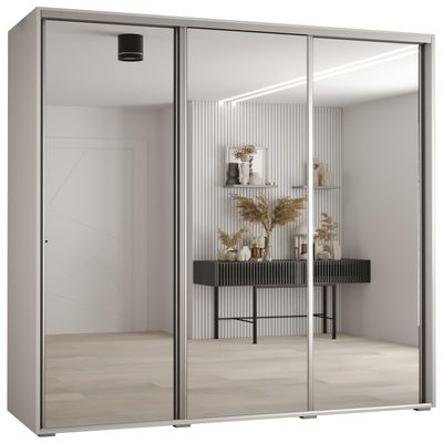 MEBLE KRYSPOL Cannes 2 Modern Wardrobe with 3 Sliding Doors, Clothes Rail, Shelves and Mirror – 205.2 x 180 x 45 cm – White/White/Silver