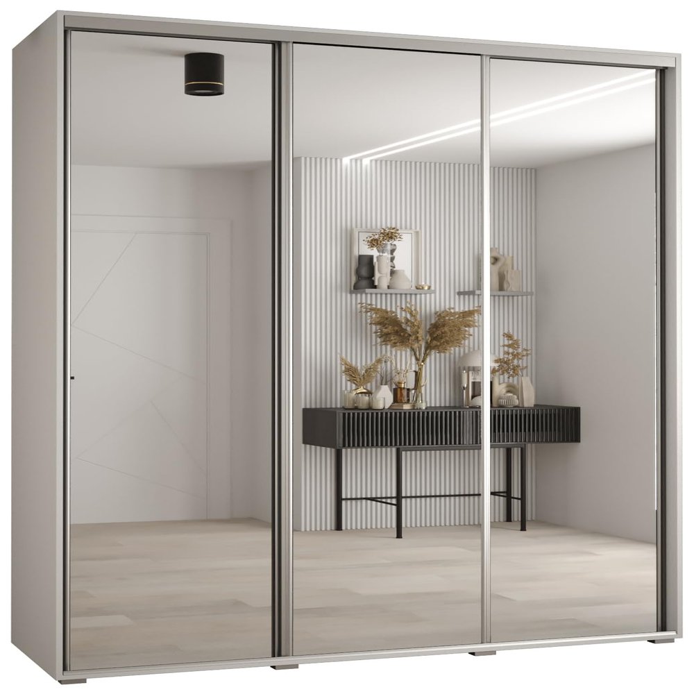 MEBLE KRYSPOL Cannes 2 Modern Wardrobe with 3 Sliding Doors, Clothes Rail, Shelves and Mirror – 205.2 x 180 x 45 cm – White/White/Silver