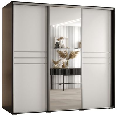 MEBLE KRYSPOL Cannes 11 Modern Wardrobe with 3 Sliding Doors, Clothes Rail, Shelves and Mirror, 205.2 x 160 x 45 cm, Black/White/Silver
