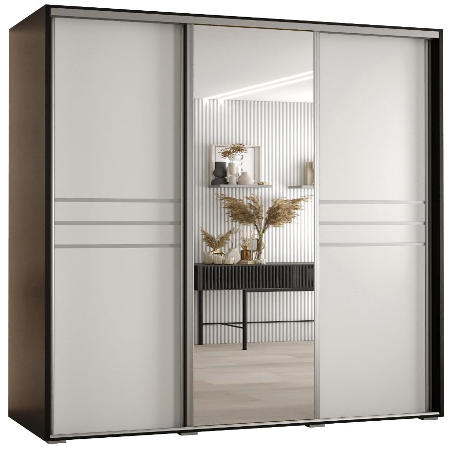 MEBLE KRYSPOL Cannes 11 Modern Wardrobe with 3 Sliding Doors, Clothes Rail, Shelves and Mirror, 205.2 x 160 x 45 cm, Black/White/Silver