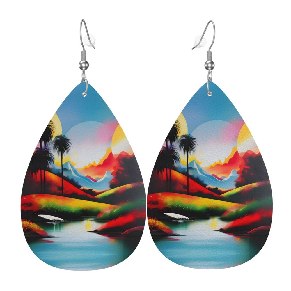 Elegant Leather Earrings with Landscape Design