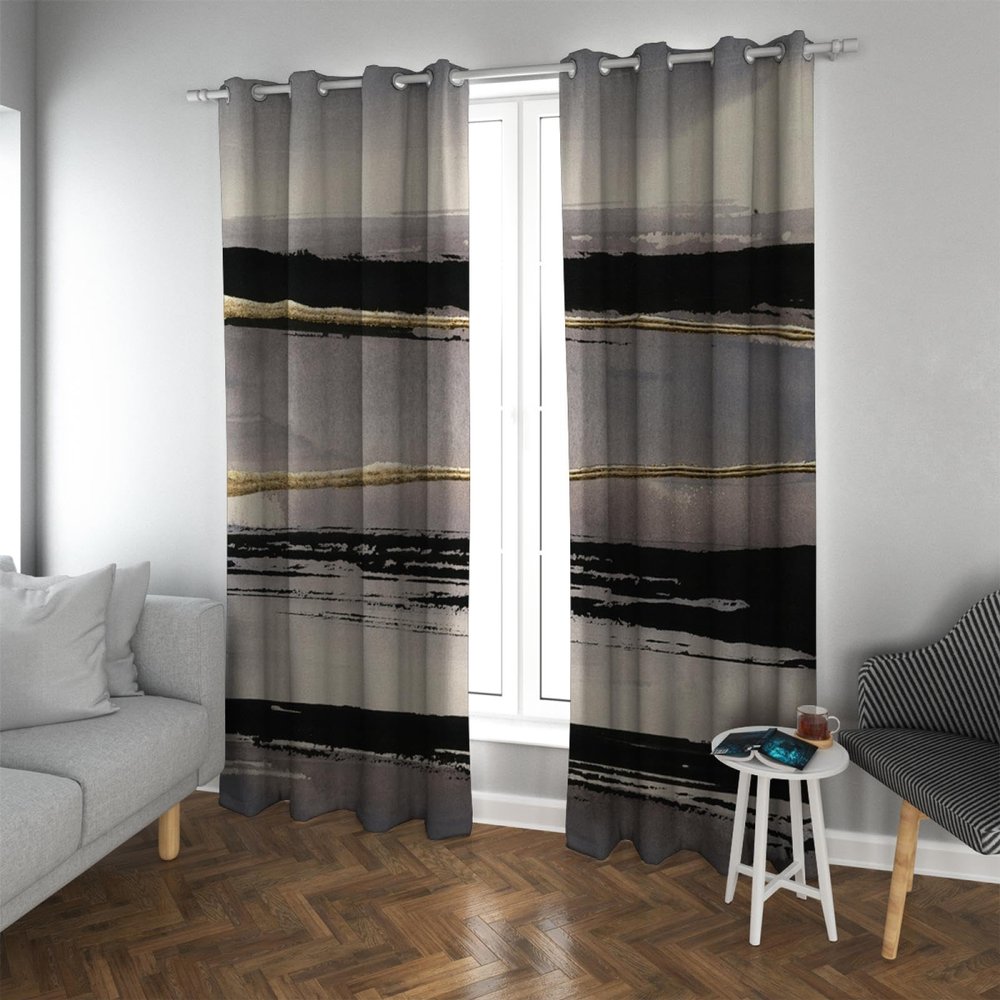 HOBBOY Black Ink Art Blackout Curtains, Gray & Yellow Watercolor, 2 Panels, 2x W140 x L160 cm