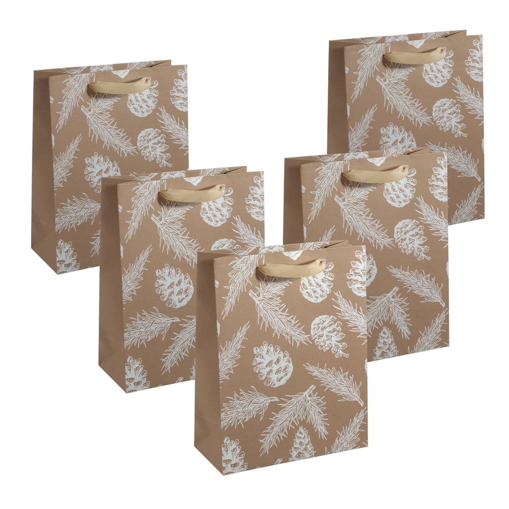 SIGEL Premium Gift Bags, Pine Cones and Pine Branches, Large, 5-Pack