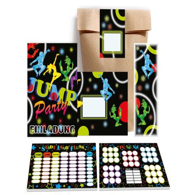 12 Birthday Invitation Cards – Jump Party Disco Theme for Kids, with Envelopes, Bags, Bookmarks, Stickers, City-Country-River and Tic-Tac-Toe