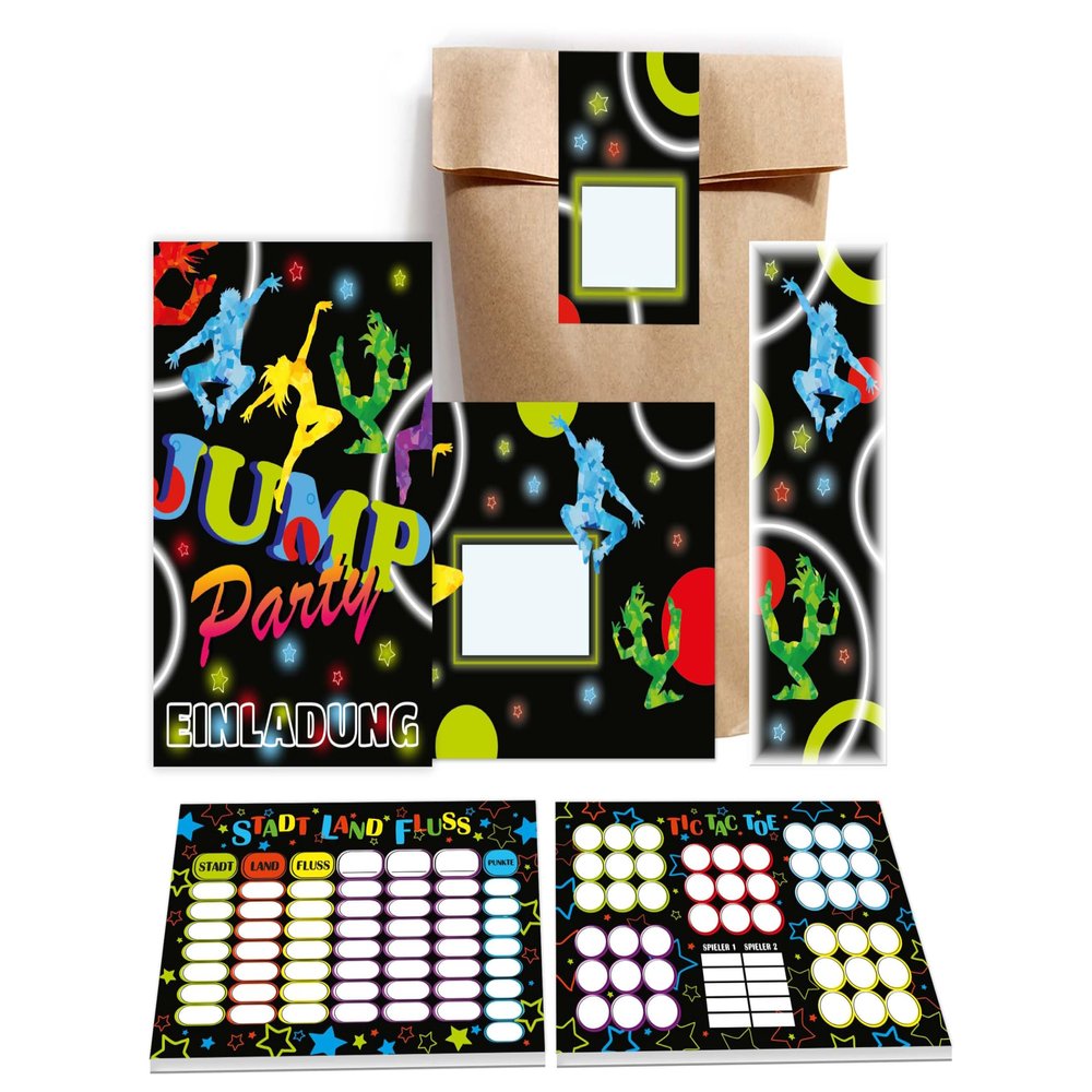 12 Birthday Invitation Cards – Jump Party Disco Theme for Kids, with Envelopes, Bags, Bookmarks, Stickers, City-Country-River and Tic-Tac-Toe