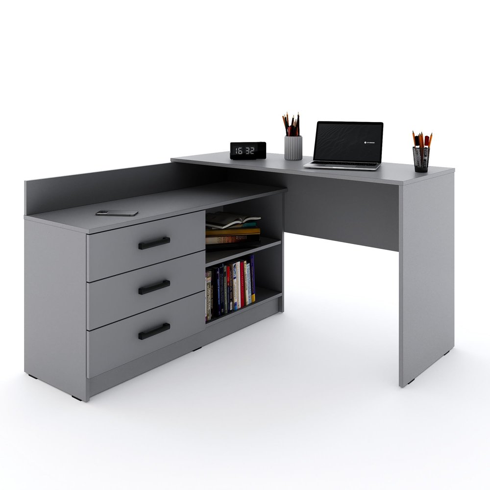 Marlux-Meble Omega L-Shaped Desk with 3 Drawers and 2 Shelves, Matte Gray, 131 x 120 x 76 cm