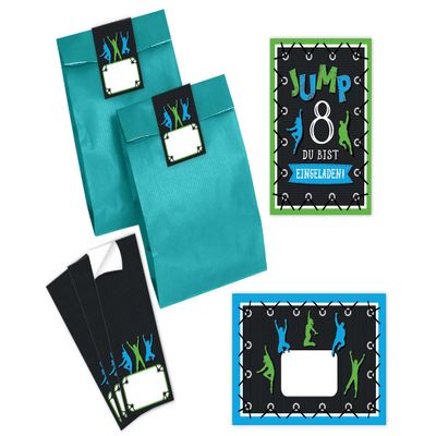 Minkocards 6 Jump Trampoline Invitations for an 8th Birthday, with Envelopes, Party Bags and Stickers