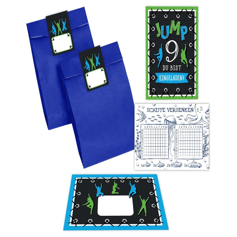 Minkocards 6 Invitations for a 9th Birthday, Jump Trampoline Theme, with Envelopes, Blue Party Bags, Stickers and Battleship Games