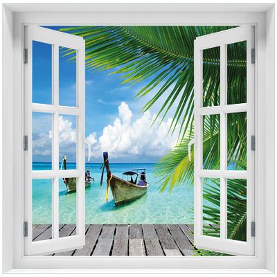 Wallario Acrylic Wall Art, 60 x 90 cm, with Window Frame, Floating Effect – Caribbean Sun Boat