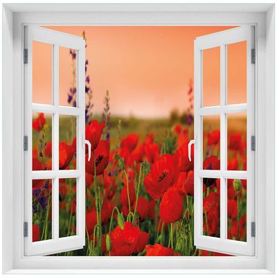 Wallario Glass Picture 60 x 90 cm with Window Frame Illusion: Poppies in a Field