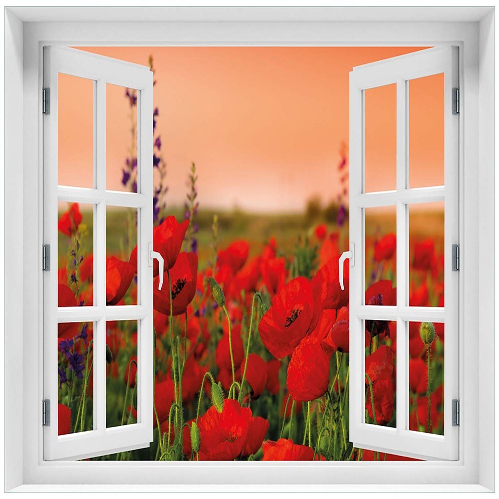 Wallario Glass Picture 60 x 90 cm with Window Frame Illusion: Poppies in a Field