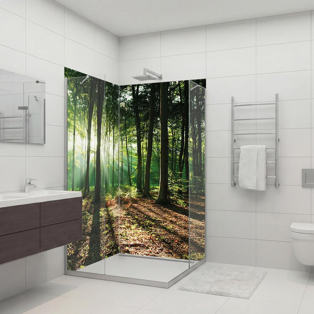 dedeco 2-Piece Corner Shower Wall Forest V5 80 x 210 cm Aluminum 3 mm UV Matte