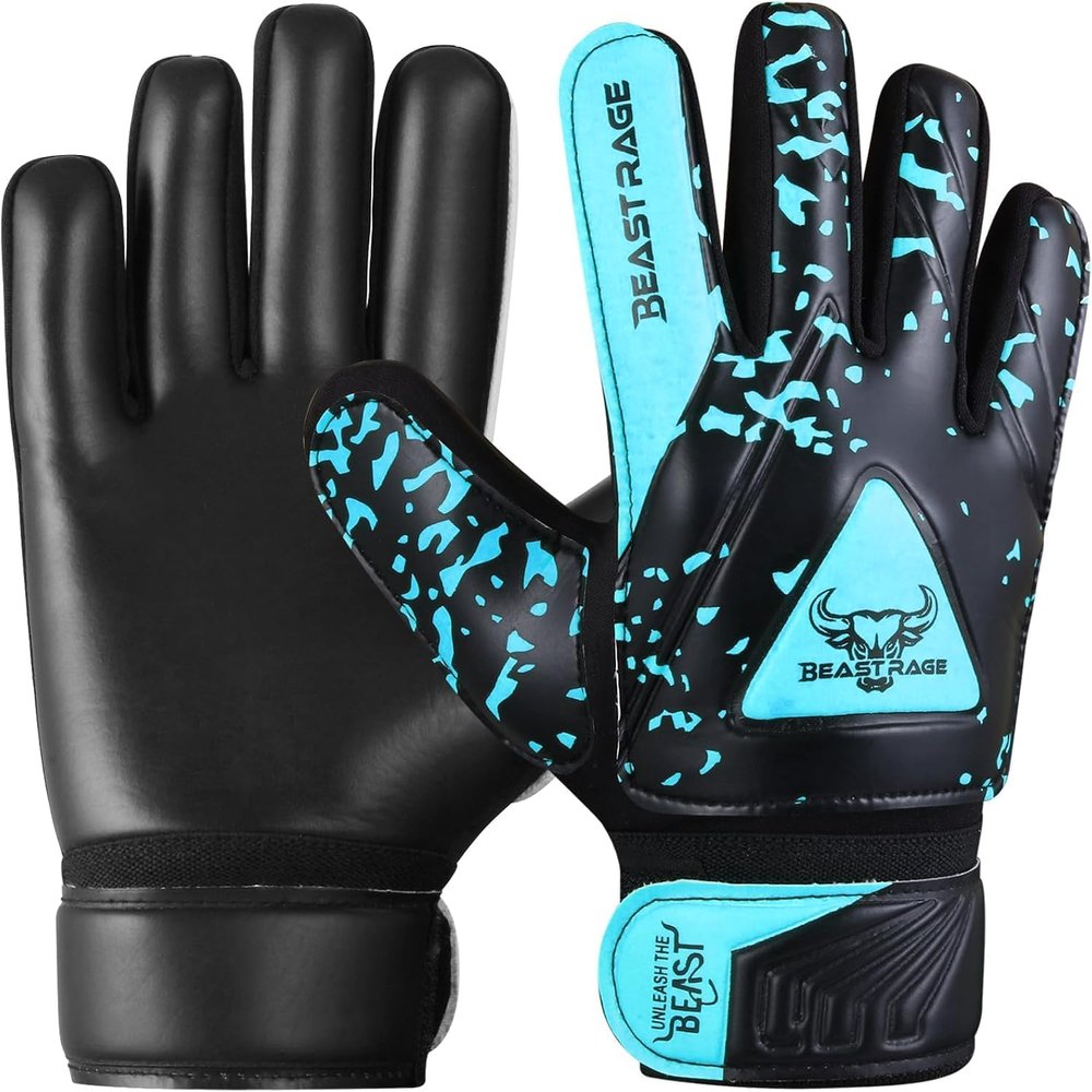 BEAST RAGE Goalkeeper Gloves for Kids, Boys & Youth, Soccer Goalie Gloves with Double Wrist Support, Strong Grip and Padding (Aqua, Gray, Size 8 (M/L))