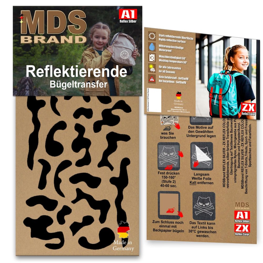 MDS Brand Reflective Iron-On Set for Clothing & Backpacks, Black (B-05)