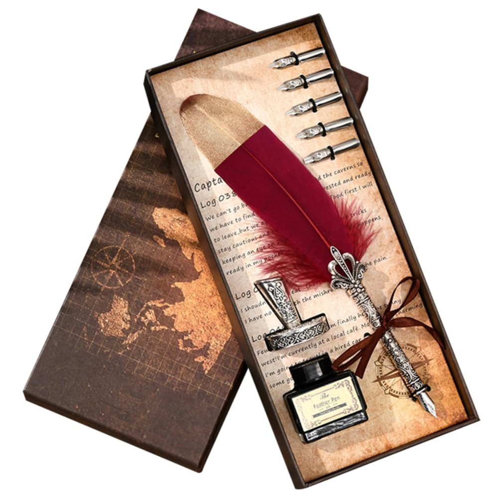 CAXUSD Calligraphy Dip Pen and Feather Nib Set with Ink Bottle, Random Color