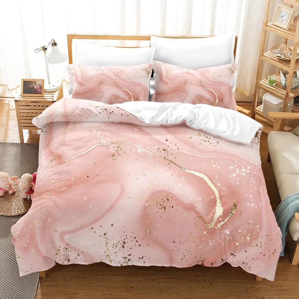 Golden Marble Pink Bedding Set, Duvet Cover and Pillowcases, Twin/Queen/King Size, Bedroom Decor for Children and Adults, 200 x 220 cm / 65 x 65 cm (2)