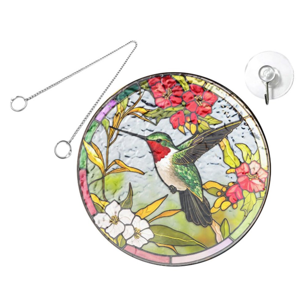 Round Tinted Acrylic Glass Window Hanging with Hummingbird Motif