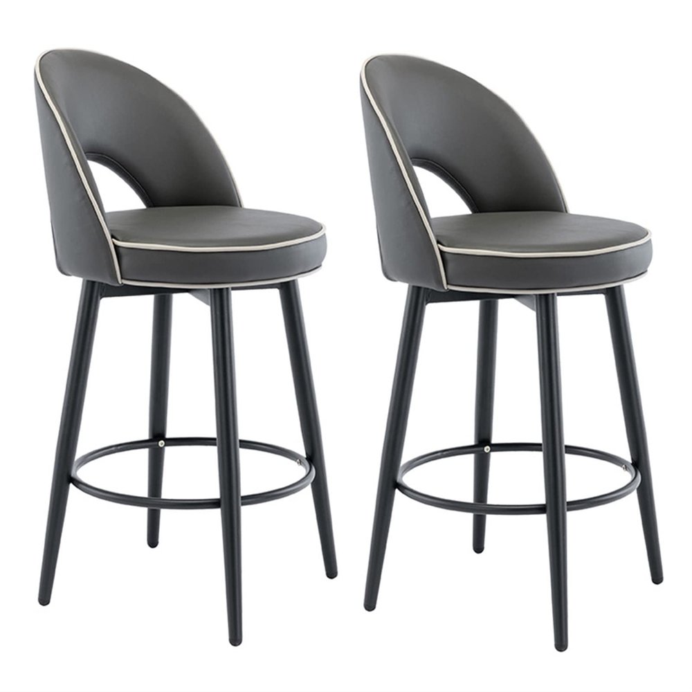 Bar Stools, 62 cm Counter Height, Swivel, Set of 2, Nappa Leather, Black Metal Legs