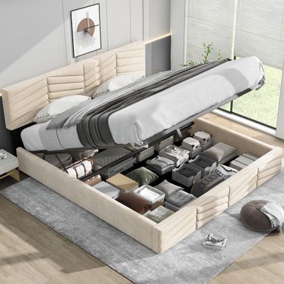 Becag Upholstered Bed 180 x 200 cm with Storage, Hydraulic Lift, Slatted Base, Velvet Beige