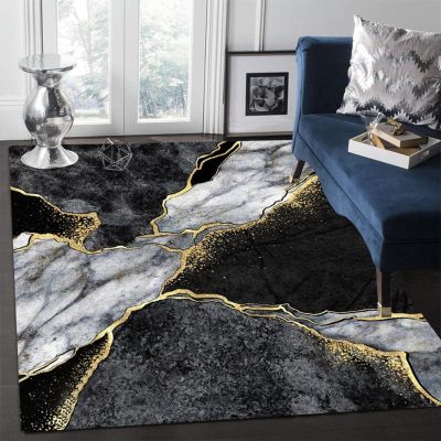 Black and Gold Marble Area Rug, Soft Nonslip, 80 x 150 cm