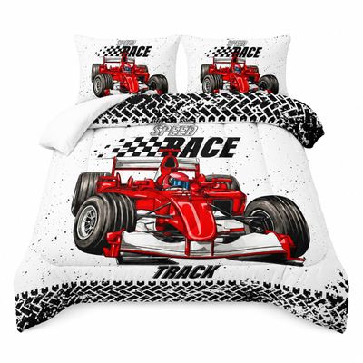 AILONEN Red Race Car Bed Set for Double Bed, Black-and-White Checkered Extreme Sports Theme, Soft and Breathable, 1 Comforter and 2 Pillowcases