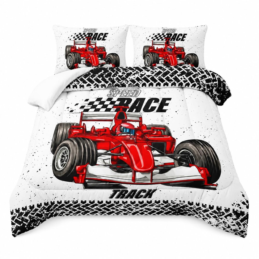 AILONEN Red Race Car Bed Set for Double Bed, Black-and-White Checkered Extreme Sports Theme, Soft and Breathable, 1 Comforter and 2 Pillowcases
