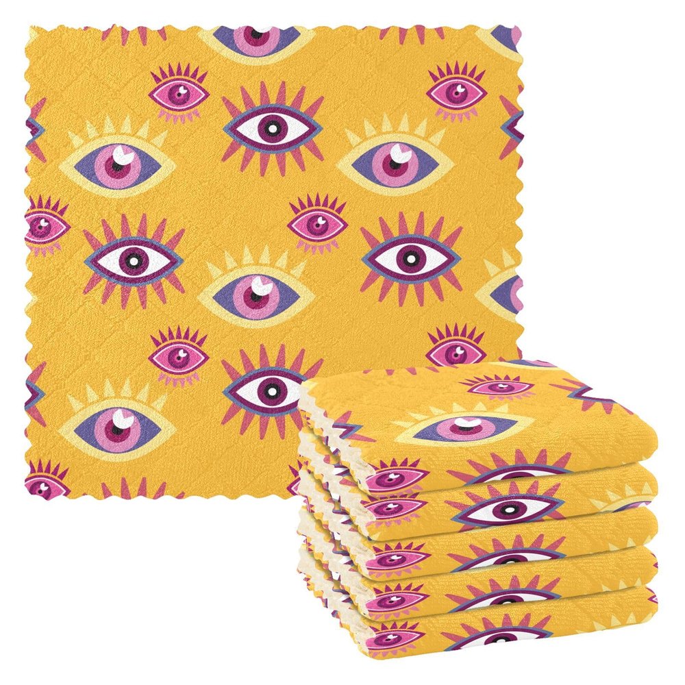 FRODOTGV Dish Towels with “Awesome Evil Eyes” Print, Yellow, Microfiber, Set of 6