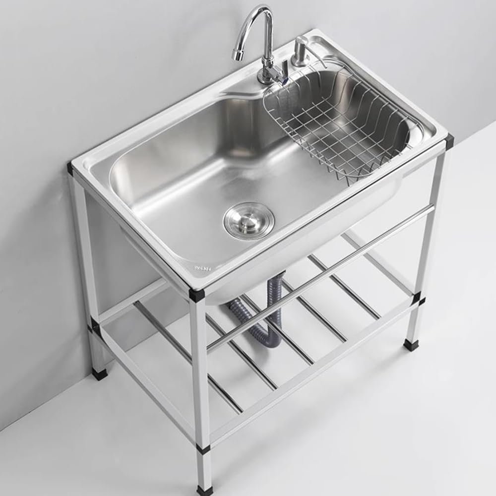 EMENAR Stainless Steel Utility Sink with Faucet, Freestanding, Hot + Cold