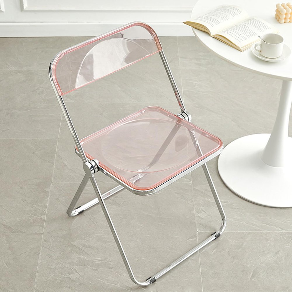 BIWKONI Modern Transparent Acrylic Folding Chair with Metal Frame and Backrest, Pink