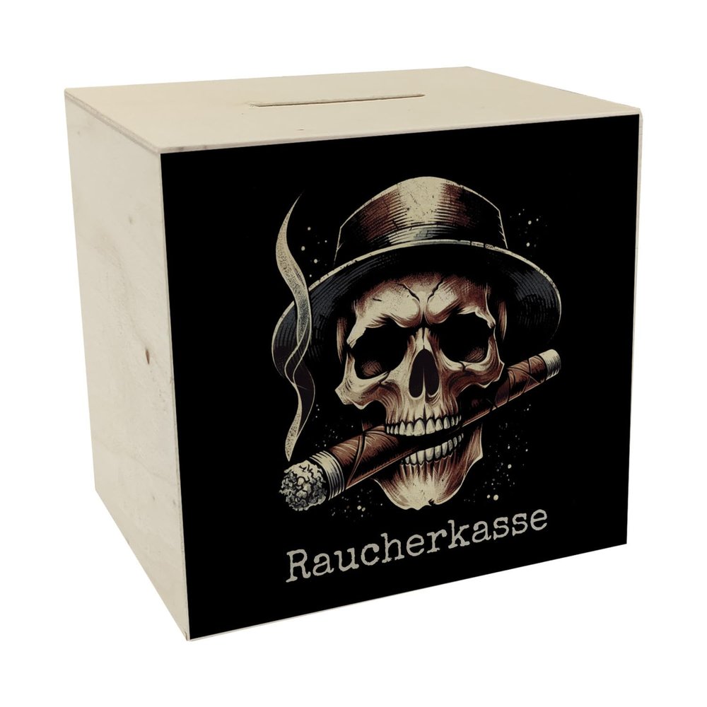 speecheese Wooden Savings Box, Smoker's Fund with Skull and Cigar