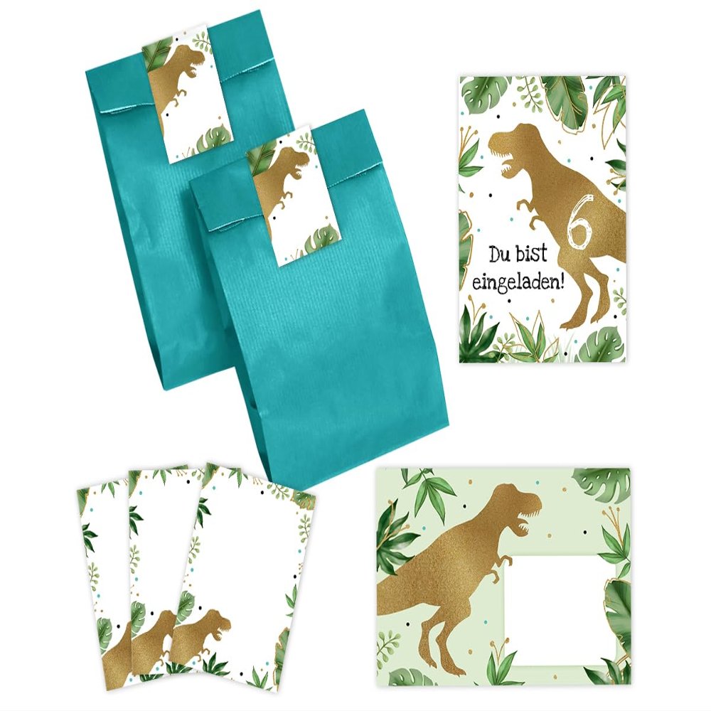 12 Dinosaur Invitation Cards for a Boy's 6th Birthday with Envelopes, Party Bags, Stickers and Mini Notebooks