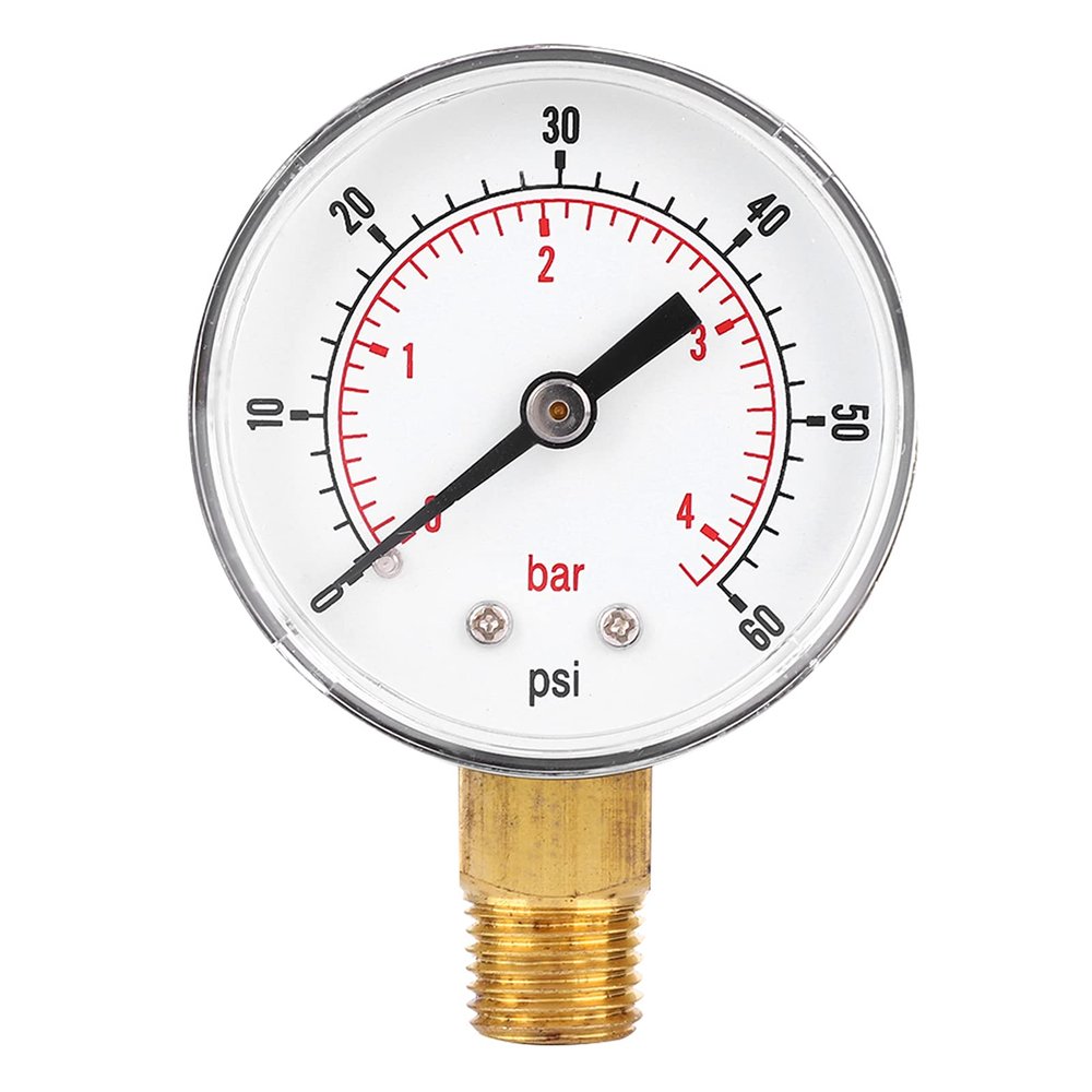 1/4 BSPT Brass Pressure Gauge, Dual Scale, 0–60 PSI / 0–4 Bar