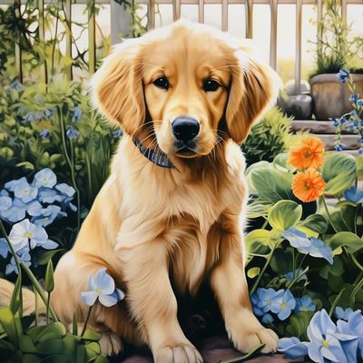 Paint by Numbers Kit, Golden Retriever Puppy in a Spring Garden, 40 x 50 cm, Unframed