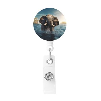 Retractable Badge Holder with 360° Rotating Alligator Clip and Key Ring, Floating African Elephant