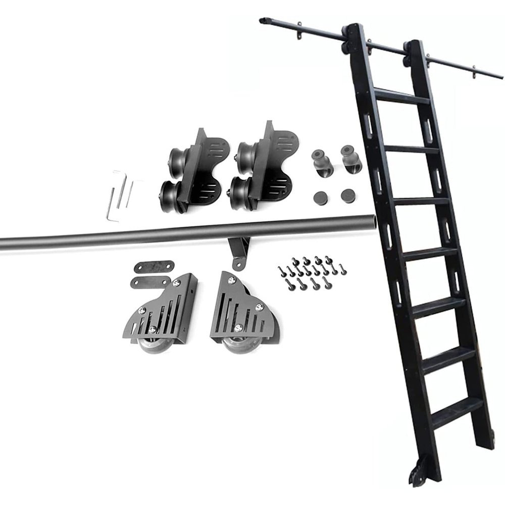 Hardware for Rolling Library Ladder, Black Steel Barn-Style Sliding Rail Kit (Ladder Not Included)