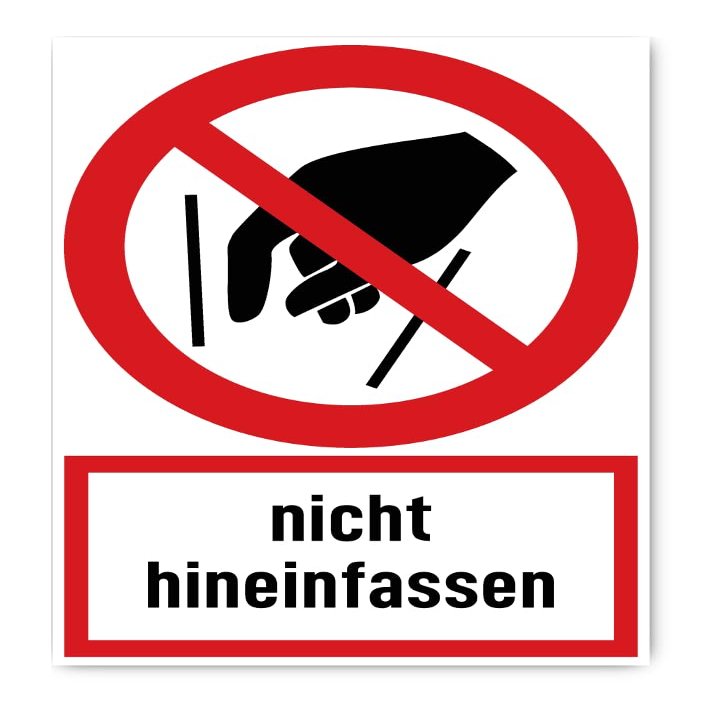 Sticker: 300 x 200 mm, 1 pc. – Do Not Reach In – Prohibition Sign with German Text, Red/White, Portrait, P015, DIN EN ISO 7010 / ASR A1.3