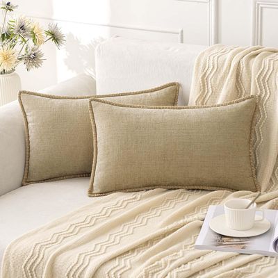 ANRODUO Chenille Pillow Covers with Stitched Edge, Beige, 12 x 20 in, 2-Pack