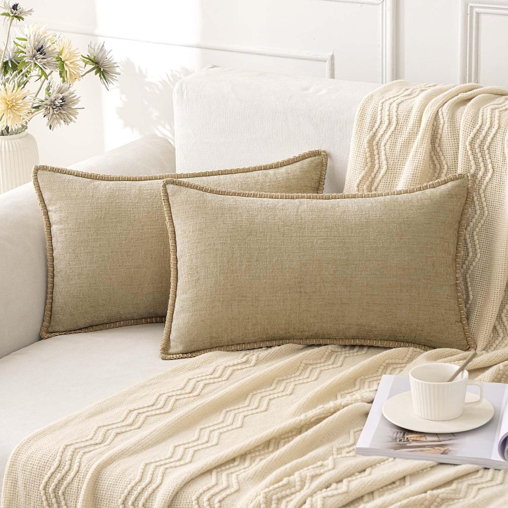 ANRODUO Chenille Pillow Covers with Stitched Edge, Beige, 12 x 20 in, 2-Pack