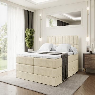 ALTDECOR Miami King Upholstered Box Spring Bed with H3/H4 Mattresses - 200 x 200 - Beige
