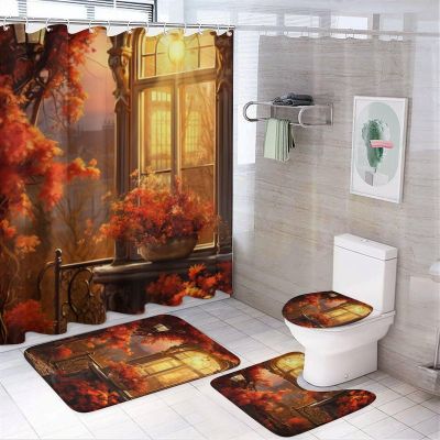 FOCCAR Shower Curtain Set with 12 Hooks, Sunset Architecture Landscape Design