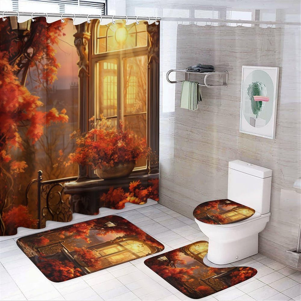 FOCCAR Shower Curtain Set with 12 Hooks, Sunset Architecture Landscape Design