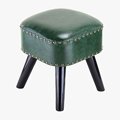CrEev Upholstered Footstool, Ottoman, PU Leather, Single Seat, Sofa Stool, Makeup Stool, Shoe-Changing Bench (Dark Green B)