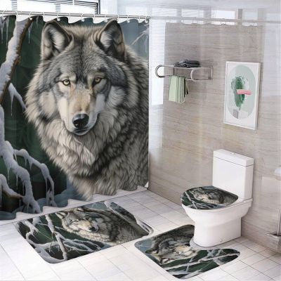 4-Piece Vintage Wolf Shower Curtain Set, Natural Gray