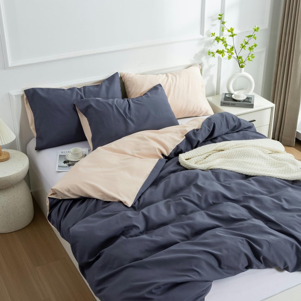 OUYUNKKA Reversible 3-Piece Duvet Cover Set, 200 x 200 cm, Dark Gray and Beige